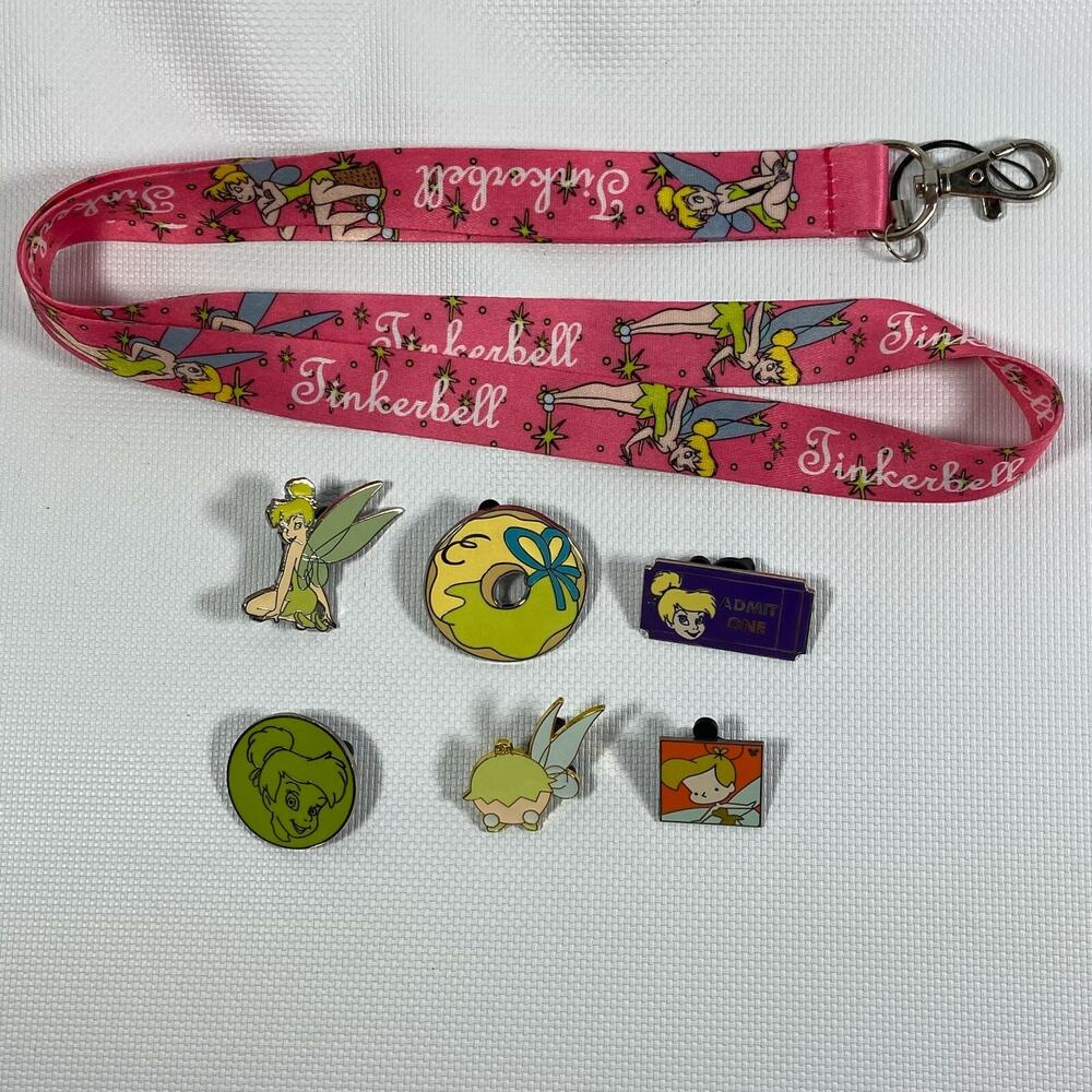 LOT OF 6 RARE AUTHENTIC DISNEY TINKER BELL PINS PLUS LANYARD LIMITED EMPLOYEE